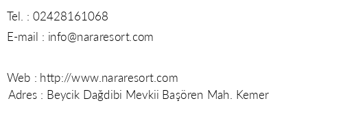 Nara Resort Hotel telefon numaralar, faks, e-mail, posta adresi ve iletiim bilgileri